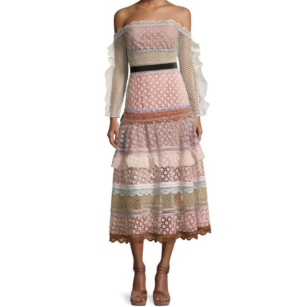 NWT Self - Portrait Off Shoulder Bellis Lace Trim Dress in Multi Color Size 4